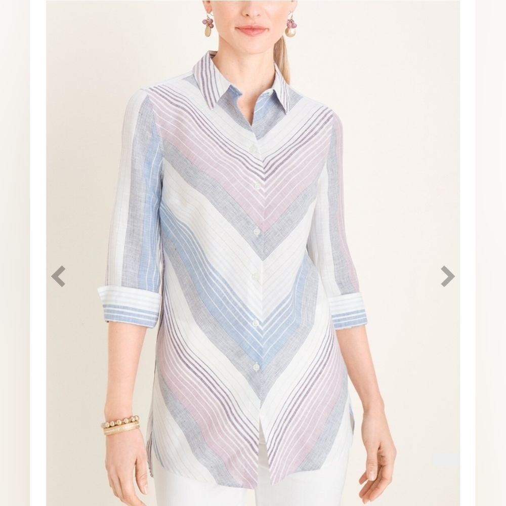 Chico's Non Iron 100% Linen Striped Button‎ Front Coastal Top Size 3 16/18